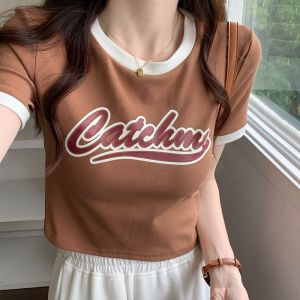 含棉 短袖T恤女短款修身紧身设计感小众夏季美式复古纯欲辣妹上衣