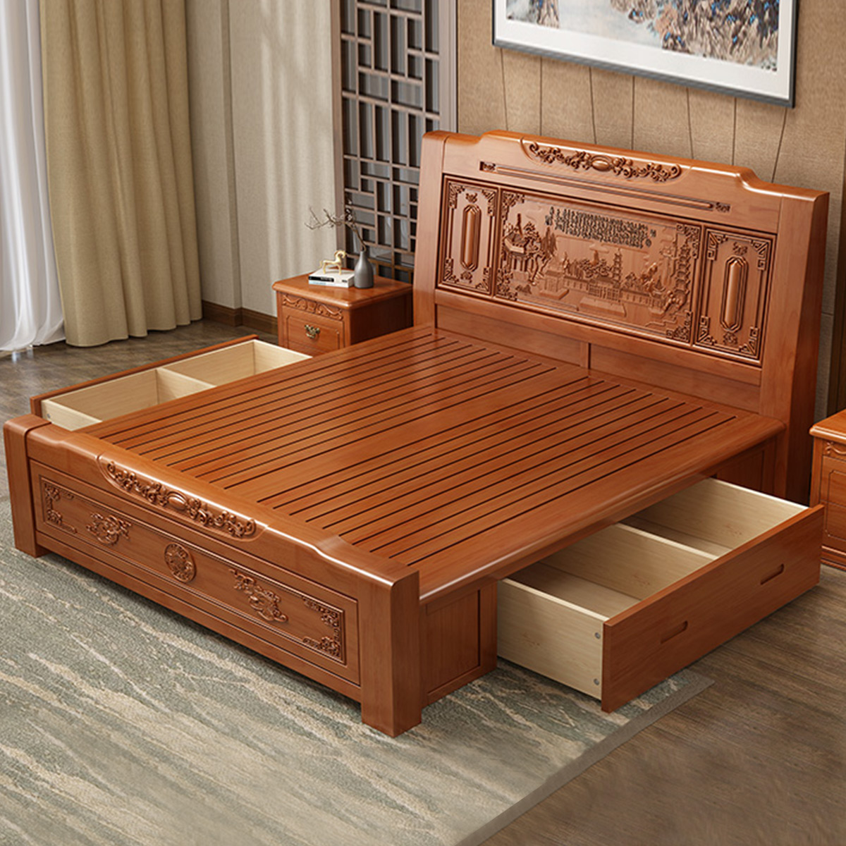 采百木实木床1.8米双人床婚床主卧高箱储物床现代中式1.5米床雕花大床
