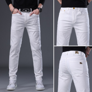欧货牛仔裤男秋季薄款新款个性潮流弹力修身小脚白色牛仔裤子