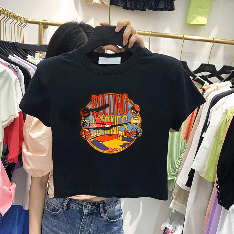 黑色短袖T恤女装ins女士夏季新款韩版高腰露脐学生短款上衣潮