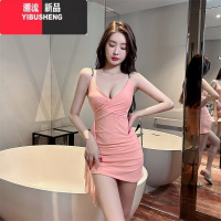 YIBUSHENG性感辣妹不规则网纱紧身包臀短裙女夜场御姐低胸V领吊带连衣裙