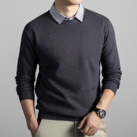 含羊毛加绒假两件毛衣男2025冬季新款翻领休闲保暖打底男士针织衫