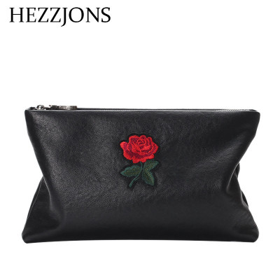 赫泽琼斯HEZZJONS奢侈品手拿包进口意大利牛皮手包青年时尚休闲刺绣手腕包韩版潮流软皮玫瑰花手抓包黑色进口意大利牛皮