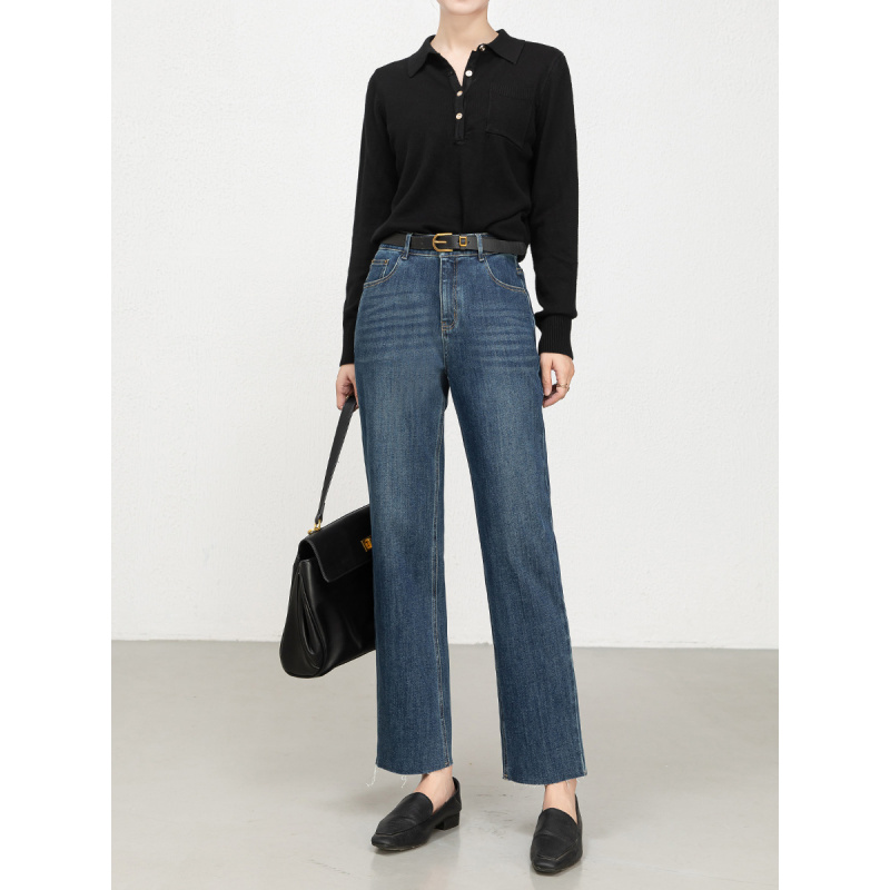 秋季新款四面弹直筒牛仔裤女高腰显瘦毛边九分烟管裤