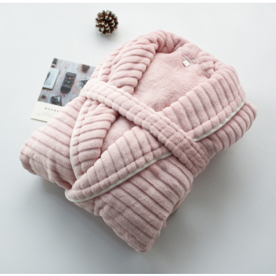 Ideamini日系剪花抽条法兰绒睡袍女士男秋冬保暖加绒浴袍长袖情侣家居服