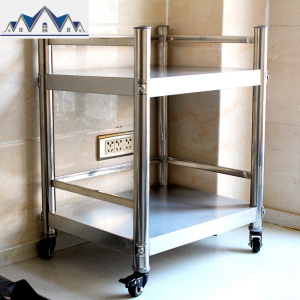 带轮子不锈钢厨房置物架二层护栏款微波炉架锅架调料架落地收纳架 三维工匠