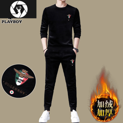 HongZun金丝绒运动休闲套装男卫衣2020冬季加绒加厚保暖刺绣双面绒两件套其他套装