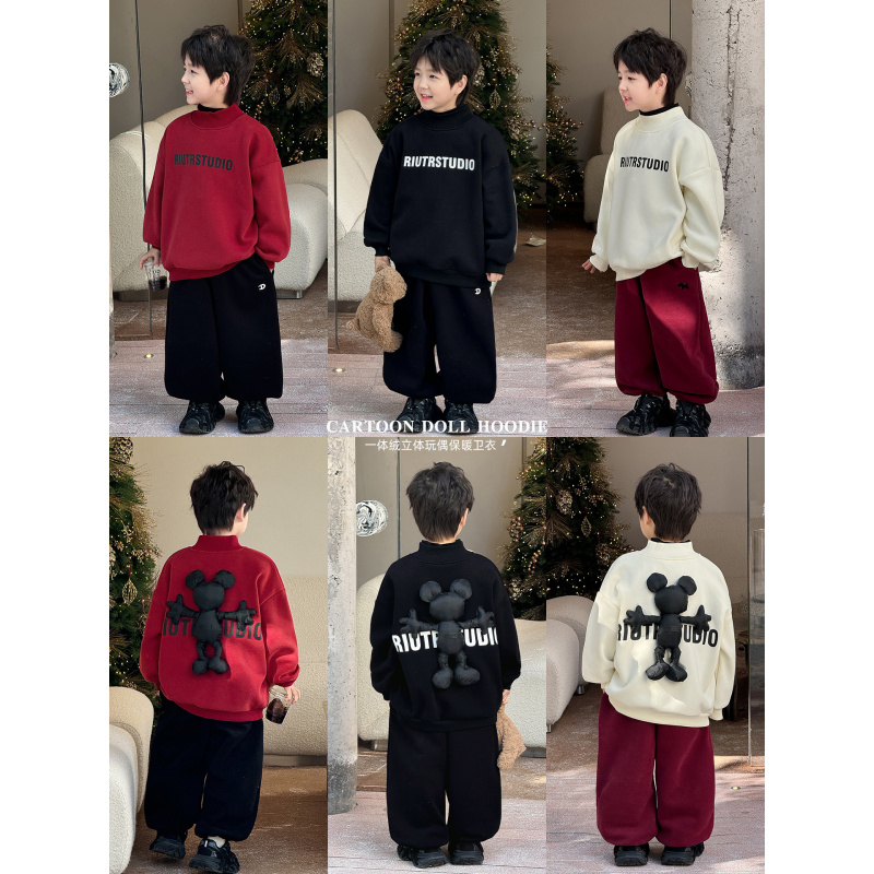 童酷儿童冬装湖州织里童装立体玩偶字母印花加绒圆领男童卫衣