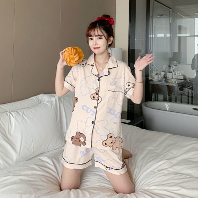 2021睡衣女夏季短袖套装少女卡通学生甜美可爱韩版开衫翻领薄款家居服美泽韵