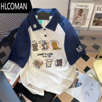 HLCOMANoversize学院风可爱猫咪小狗短袖T恤男女夏季撞色拼接polo领上衣