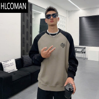 HLCOMAN撞色卫衣男潮牌ins个性插肩字母刺绣长袖T恤新款加绒帅气上衣