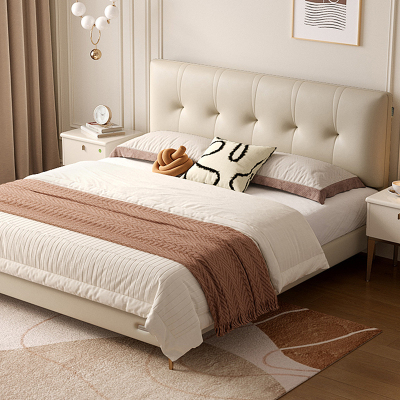 全友家居 现代轻奢真皮软包双人床小户型卧室奶油风皮艺床