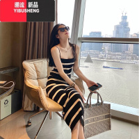 YIBUSHENG黑白条纹针织吊带连衣裙女季2024修身显瘦性感长裙子设计感小众