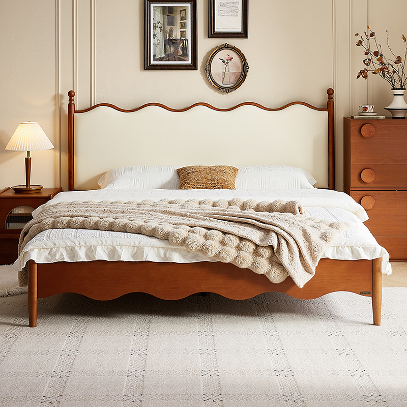 全友家居板式床中古风实木床脚1.5米家用卧室双人床头软包靠背木床