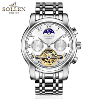 梭伦(SOLLEN)手表男士自动机械表陀飞轮镂空钢带复古时尚商务休闲男表SL804