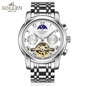 梭伦(SOLLEN)手表男士自动机械表陀飞轮镂空钢带复古时尚商务休闲男表SL804