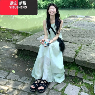 YIBUSHENG海边度假风吊带连衣裙女季新款法式茶歇长裙薄荷绿无袖碎花裙子