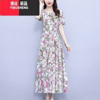 YIBUSHENG雪纺连衣裙女2024新款短袖收腰显瘦气质时尚减龄碎花长款大摆裙