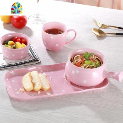 一人食4件套波点餐具碗碟套装家用水果沙拉碗带把烤碗拉面碗汤碗 FENGHOU 红色红红火火