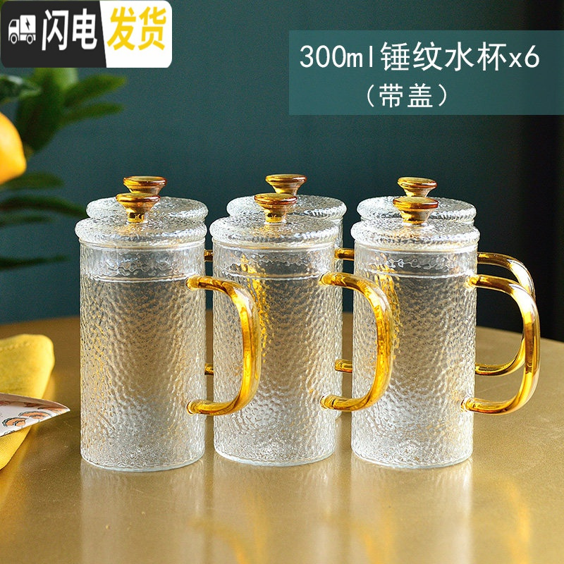 三维工匠冷水壶玻璃可高温凉水壶水杯带盖玻璃水壶耐热防爆家用大容量扎壶 300锤纹杯6个(带盖子)