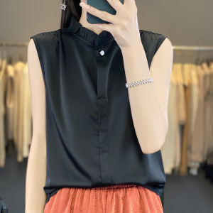 无袖衬衫背心女丝滑缎面叠穿衬衣夏季新款上衣木耳花边T恤夏