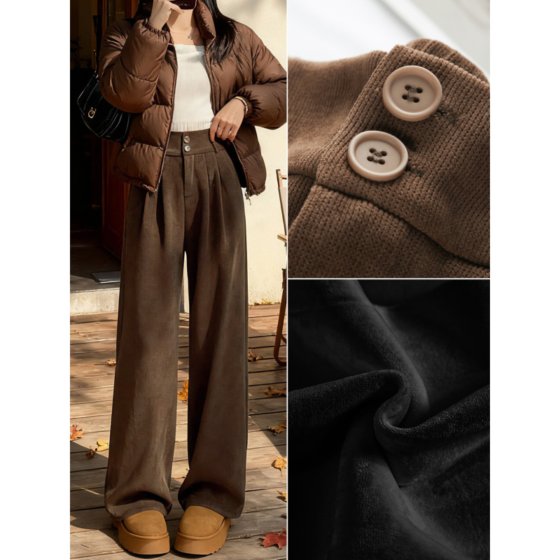 美拉德咖色灯芯绒阔腿裤子新款秋冬季垂感窄版直筒加绒西装裤