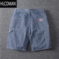 HLCOMAN夏季薄款条纹牛仔短裤男士宽松工装五分裤设计感日系复古休闲中裤