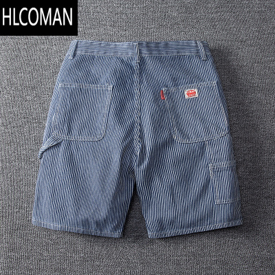 HLCOMAN夏季薄款条纹牛仔短裤男士宽松工装五分裤设计感日系复古休闲中裤