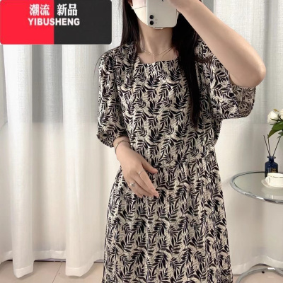YIBUSHENG24款季方领连衣裙绵绸长款显瘦家居服可外穿蛋糕群短袖收腰宽松
