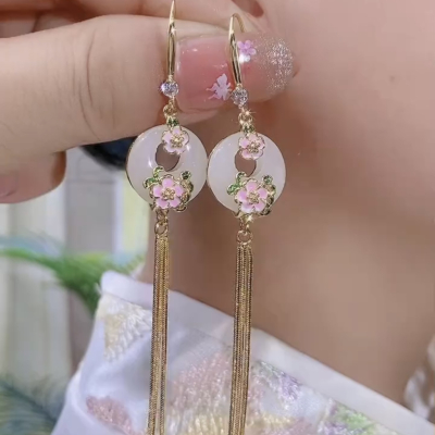 新中式长款花朵如意平安扣流苏耳坠耳环气质高级感显脸瘦耳饰耳钩送女朋友老婆情人节七夕生日礼物