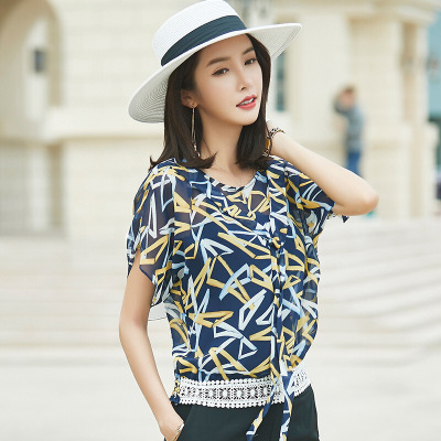印花雪纺衫夏装新款韩版飘带绑带宽松V领短袖上衣女薄蓝色