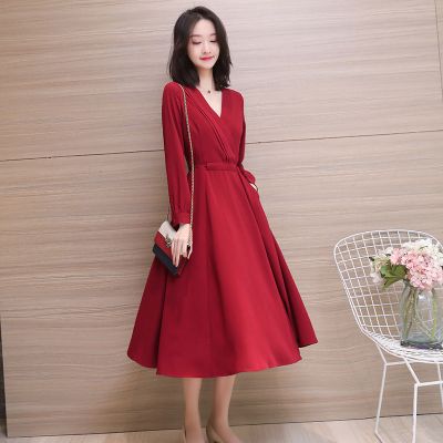 珂卡慕(KEKAMU)女款法式复古v领雪纺春秋新款酒红色时尚舒适气质收腰显瘦酒红色S