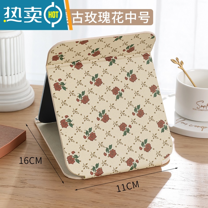 敬平梳妆镜子公主镜皮质复古折叠镜卧室宿舍桌面台式化妆高清随身携带便携式用镜 中号16*11cm玫瑰花[复古款]