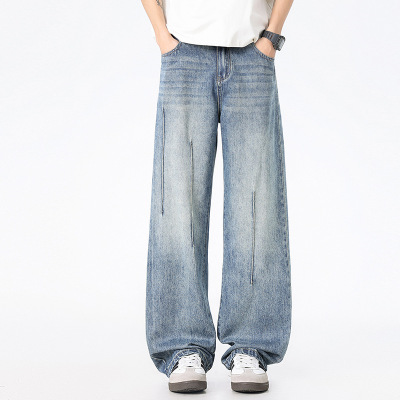 大码渐变水洗牛仔裤男士春秋抽绳装饰复古做旧宽松阔腿拖地裤