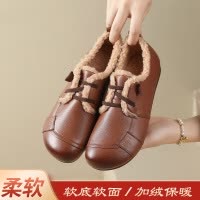 冬季真皮新款软底加绒棉鞋休闲舒适保暖妈妈鞋圆头复古风女鞋
