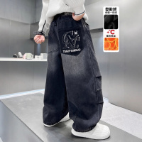 男童加绒牛仔裤中大童直筒潮初中生12岁男冬季一体绒加厚长裤帅气