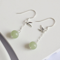 S925古风纯银耳环竹叶子绿圆珠汉服搭配银饰品女时尚文艺清新耳饰送女朋友老婆情人节七夕生日礼物