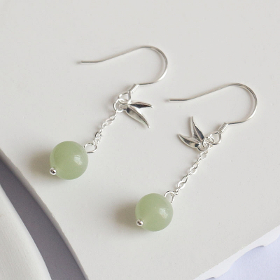 S925古风纯银耳环竹叶子绿圆珠汉服搭配银饰品女时尚文艺清新耳饰送女朋友老婆情人节七夕生日礼物