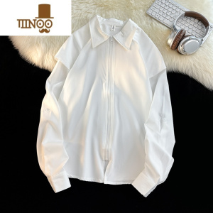 YANXU拉链痞帅白色衬衣男长袖小众设计感潮牌宽松港风复古纯色寸衫外套