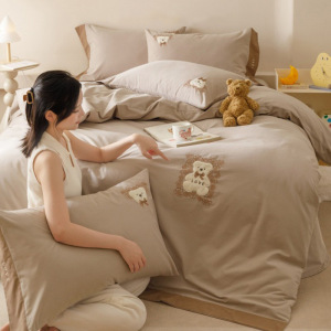 磨毛刺绣四件套小熊简约秋冬款加绒被套纯棉加厚保暖床上用品