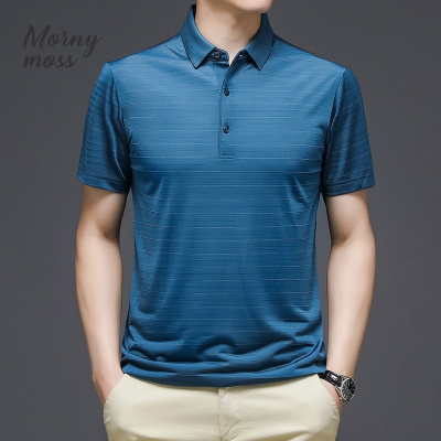 默尼密思品牌桑蚕丝短袖T恤男士夏季翻领条纹冰丝薄款半袖polo衫商务体恤男装