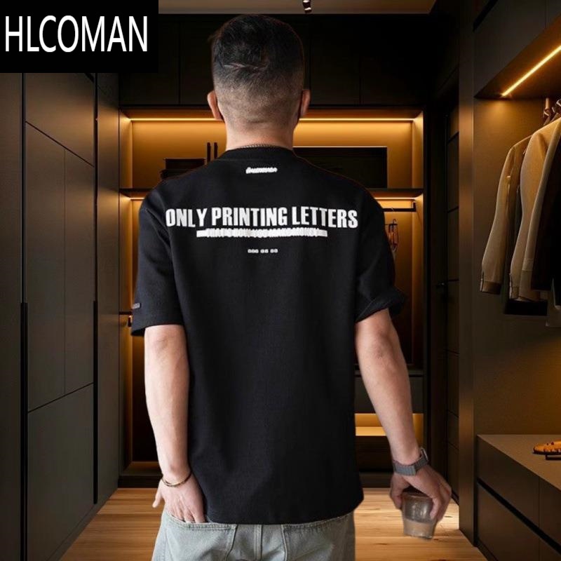 HLCOMAN精梳夏季高克重字母印花男装美式宽松百搭潮牌短袖t恤男