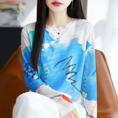 晕染网纱打底衫女春夏新款洋气小衫时尚显瘦防晒罩衫长袖T恤上衣