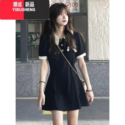 YIBUSHENG大码胖妹妹撞色polo领连衣裙女春新款A字收腰显瘦赫本风小黑裙