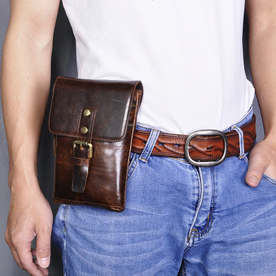 头层油蜡皮男士手机相机户外7寸小腰包单肩斜挎包油蜡皮-咖啡色