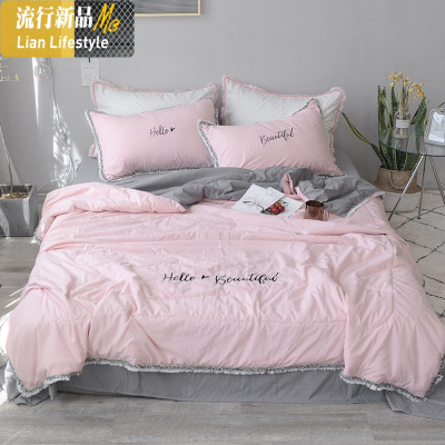 ins时尚夏被四件套水洗棉夏凉被空调被4件套双人棉宿舍夏天薄被 三维工匠被子