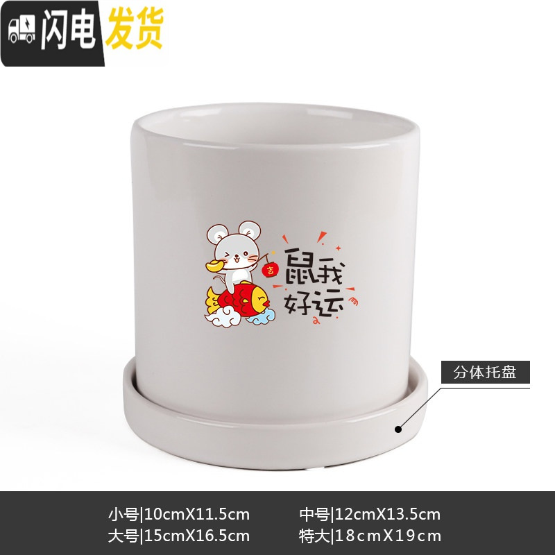 三维工匠鼠年本命年装饰创意中国红插银柳简约圆柱绿植多肉带托盘陶瓷花盆 鼠我好运-亮光白 大花盆容器