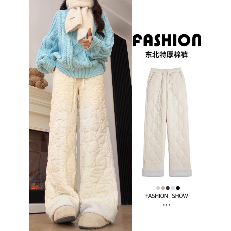 加绒裤子女新款冬季白色加厚棉裤外穿防风保暖羊毛直筒阔腿裤
