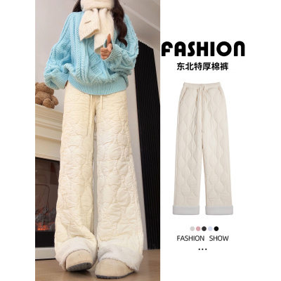 加绒裤子女新款冬季白色加厚棉裤外穿防风保暖羊毛直筒阔腿裤