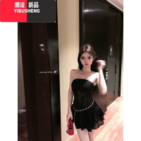 YIBUSHENG复古烫钻露背抹胸连衣裙女季纯欲一字领包臀裙荷叶边收腰短裙子